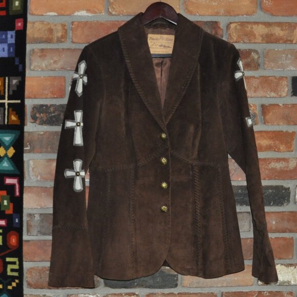 Vintage Brown & Tan Suede Leather Studded Cross Inlay Western Hippie Jacket M - Picture 6 of 10